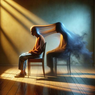 The primary subject of the image is a person sitting on a chair. The setting is a room with a wooden floor, and the visual style appears to be a combination of a photo and digital art. The colors in the image are predominantly dark, creating a moody atmosphere.